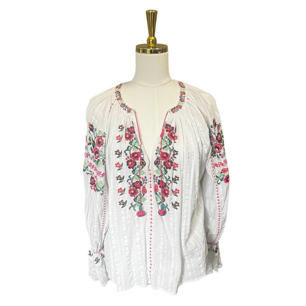 Ulla Johnson Devra White Floral Embroidered Peasant Blouse Tassel Tie Size 4 - Picture 2 of 7